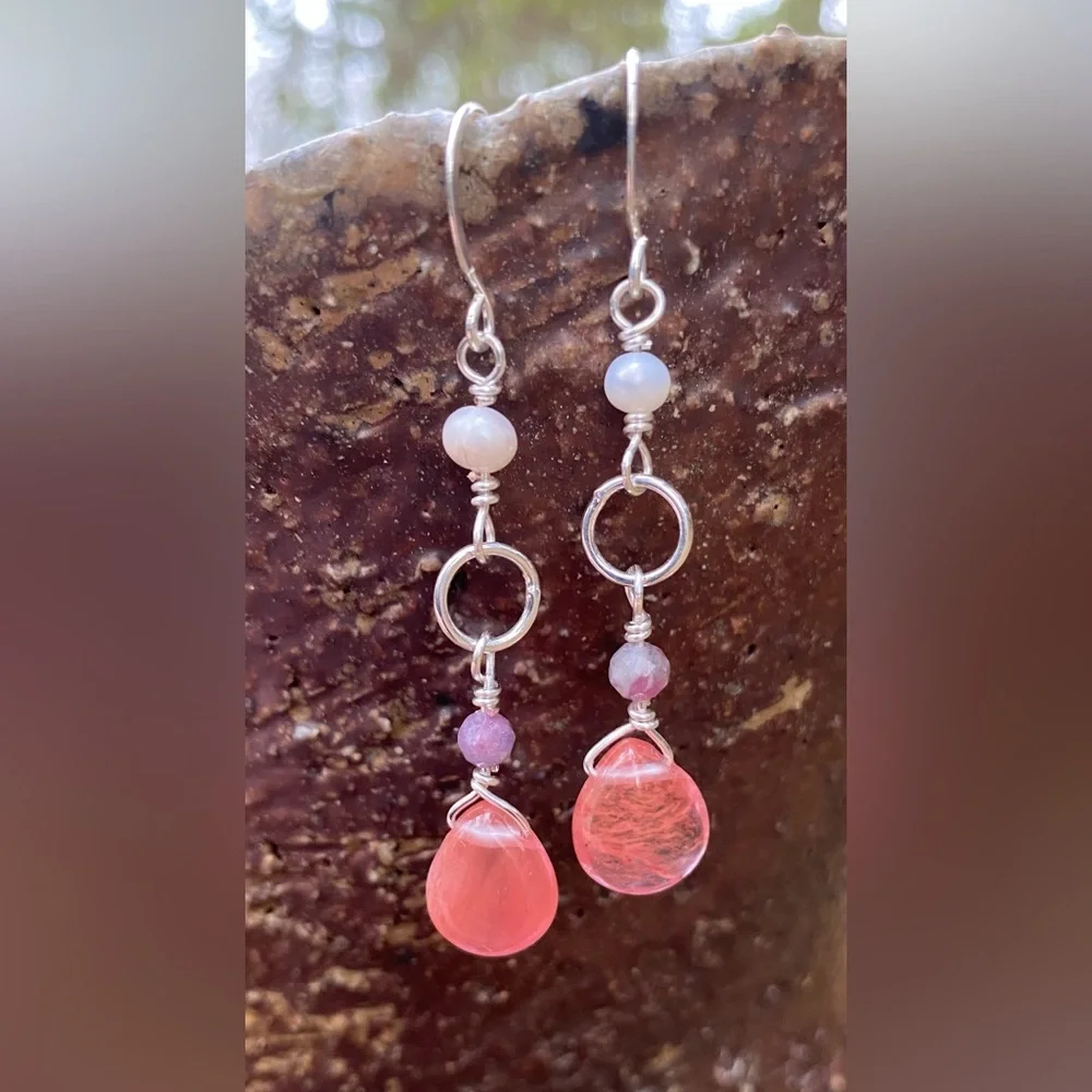 Silver and Strawberry Quartz Drop Earrings - Picture 3 of 6